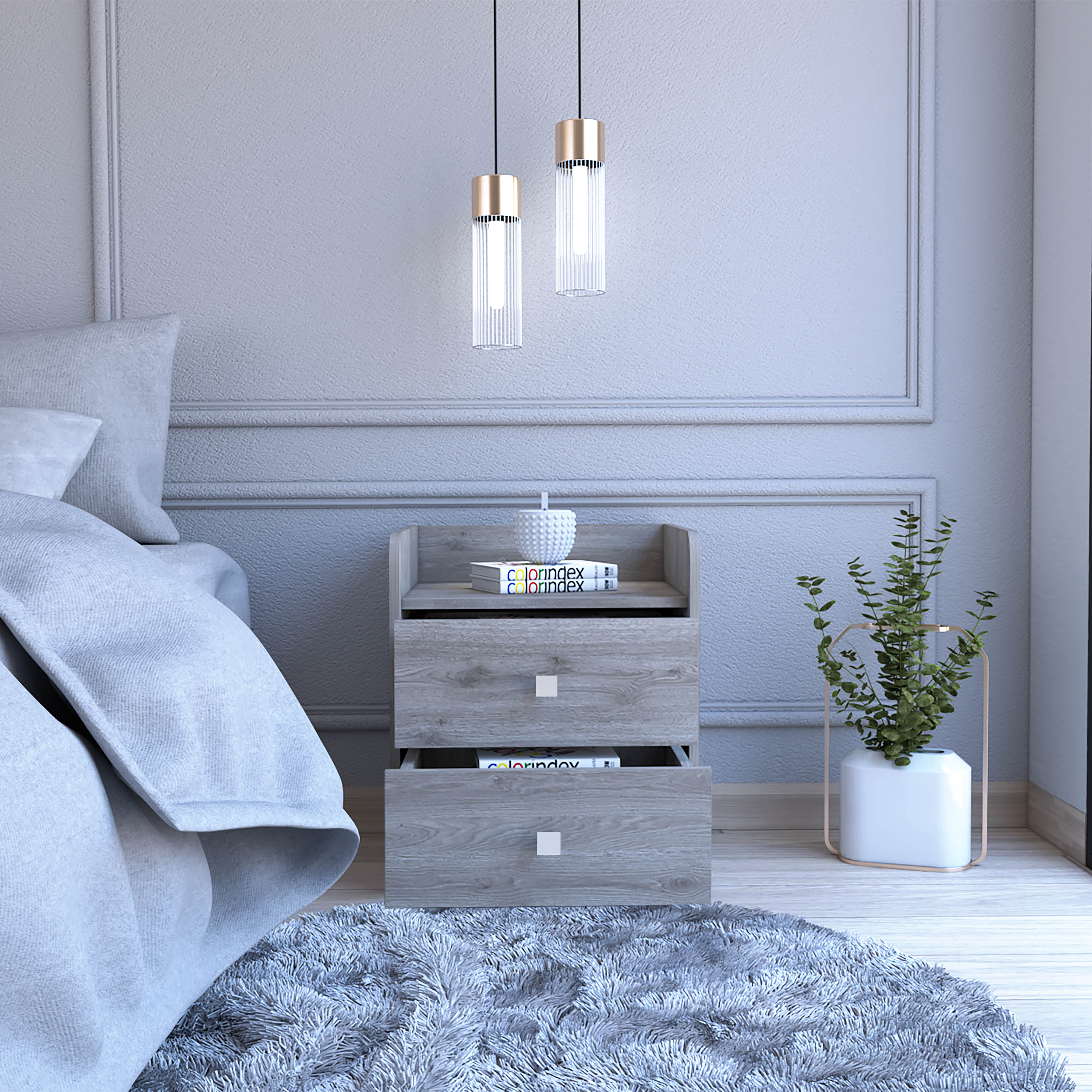 Modern Rolling Nightstand with Storage Drawers